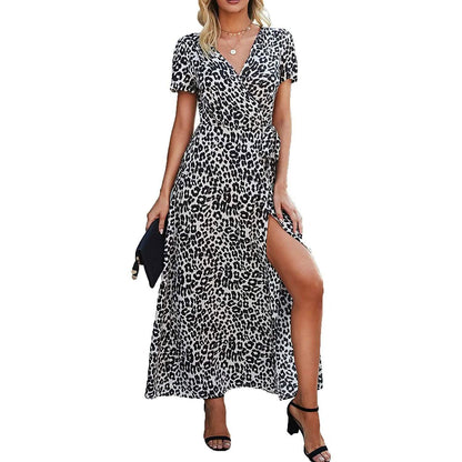 Women's Wrap V Neck Maxi Dresses Short Sleeve Split Casual Long Dress