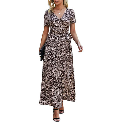 Women's Wrap V Neck Maxi Dresses Short Sleeve Split Casual Long Dress