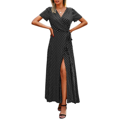 Women's Wrap V Neck Maxi Dresses Short Sleeve Split Casual Long Dress