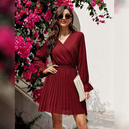 Womens Wrap V Neck Pleated Long Sleeve Mini Dresses