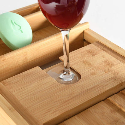 Wooden Bathtub Tray with Wine Glass Slot Phone Tray Book Holder