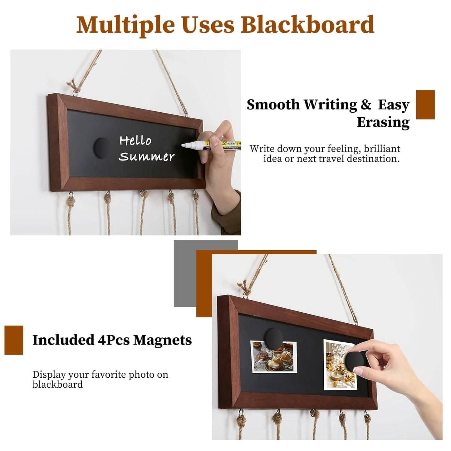 Wooden Hanging Picture Frame Display String Ropes with 30 Clips Writable Blackboard