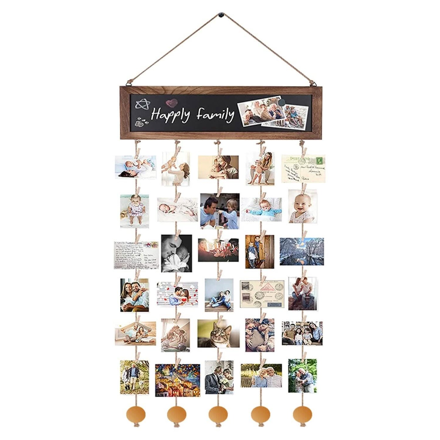 Wooden Hanging Picture Frame Display String Ropes with 30 Clips Writable Blackboard