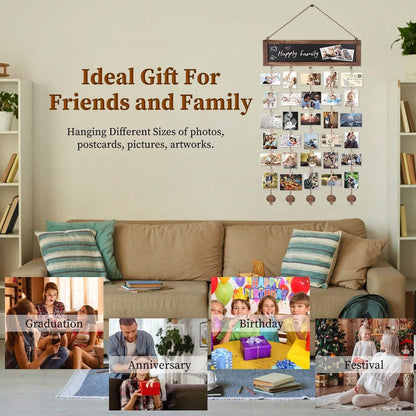 Wooden Hanging Picture Frame Display String Ropes with 30 Clips Writable Blackboard