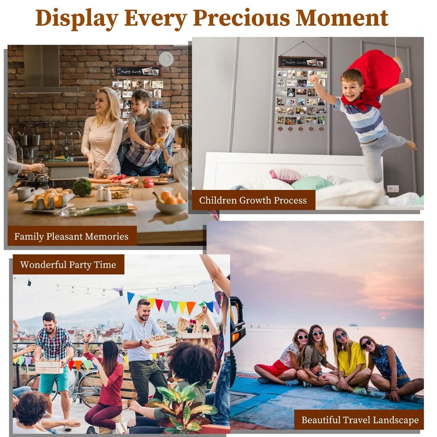 Wooden Hanging Picture Frame Display String Ropes with 30 Clips Writable Blackboard