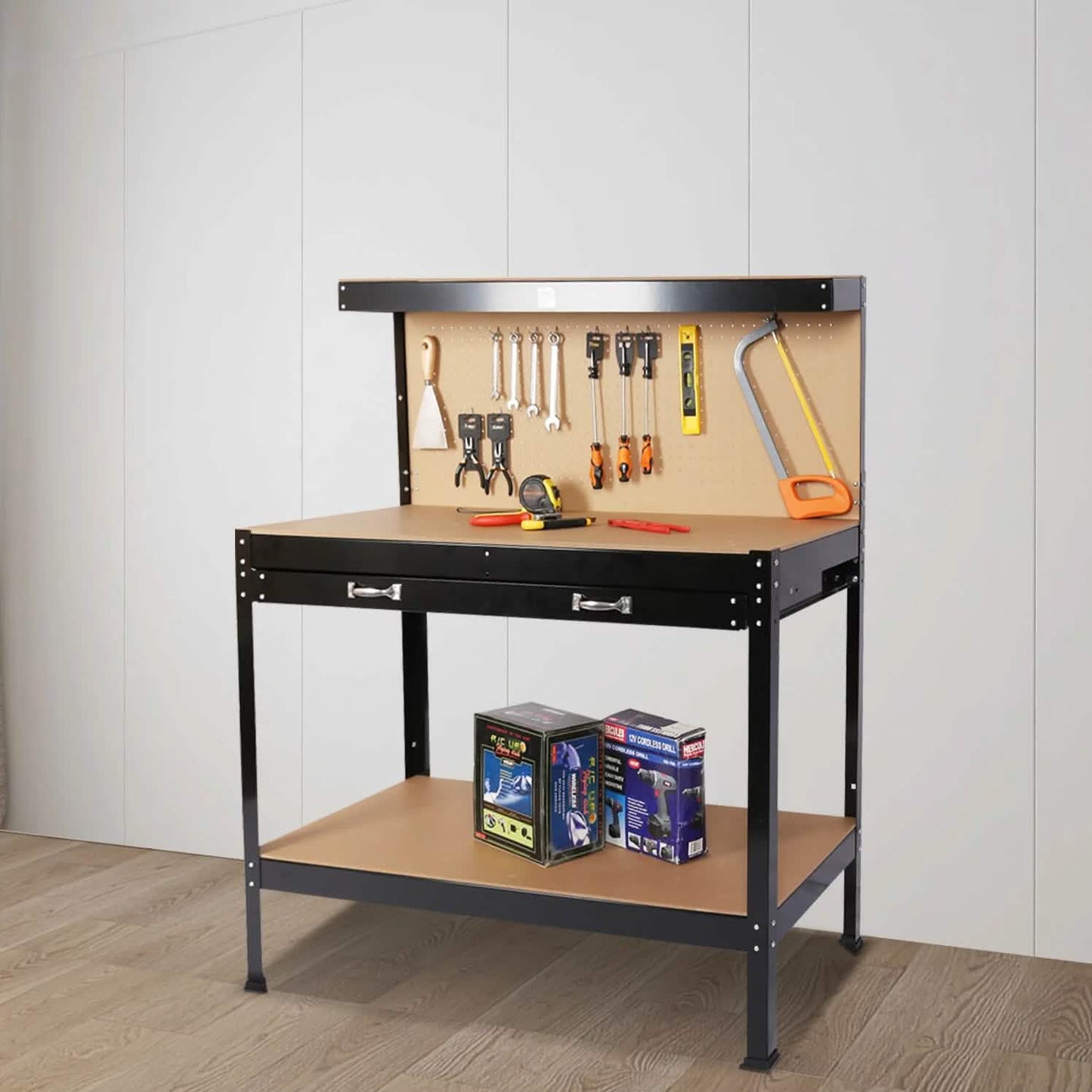 Work Benches for Garage Shop Work Station Tools Table with Peg Board and Drawers