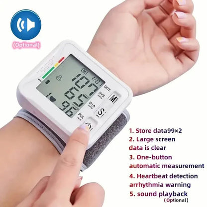 Wrist Blood Pressure Monitor with LCD Display, Adjustable Cuff with Irregular Heartbeat Detection