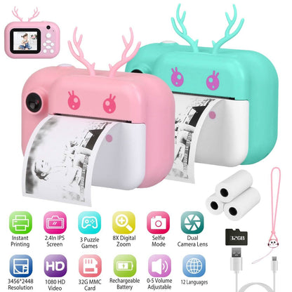 Zero Ink Selfie Camera 1080P HD Video Recorder with Dual Lens 3 Roll Print Papers