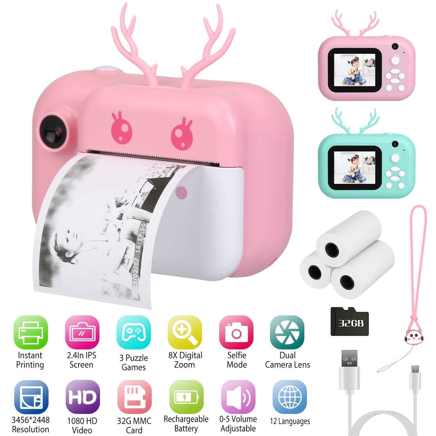Zero Ink Selfie Camera 1080P HD Video Recorder with Dual Lens 3 Roll Print Papers