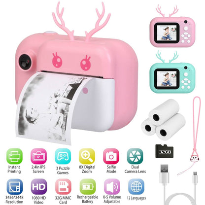 Zero Ink Selfie Camera 1080P HD Video Recorder with Dual Lens 3 Roll Print Papers
