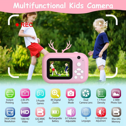 Zero Ink Selfie Camera 1080P HD Video Recorder with Dual Lens 3 Roll Print Papers