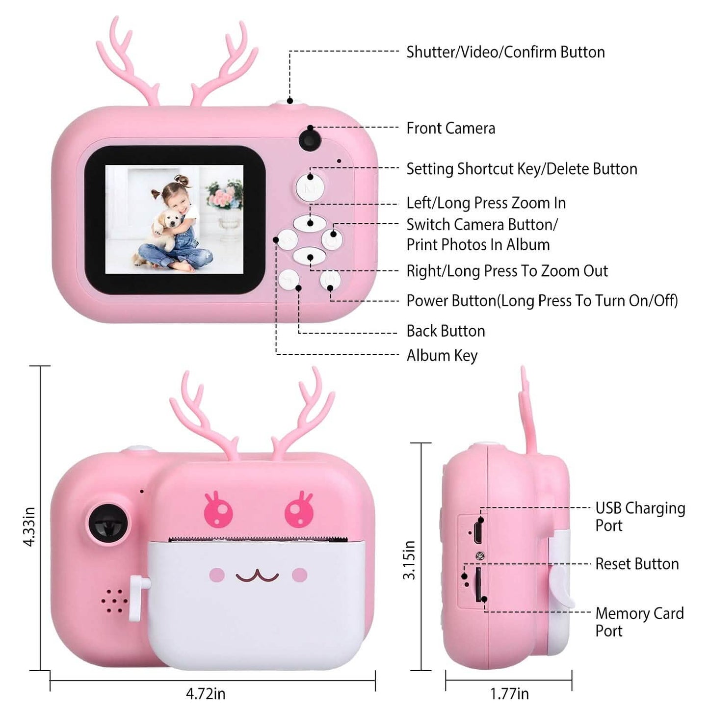 Zero Ink Selfie Camera 1080P HD Video Recorder with Dual Lens 3 Roll Print Papers