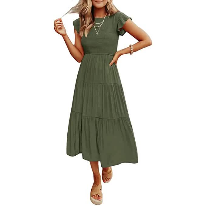 ZESICA Women's Summer Flutter Short Sleeve Smocked Midi Dress