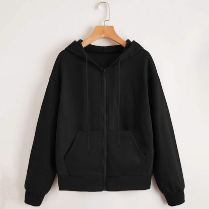 Zip Up Drop Shoulder Drawstring Hoodie