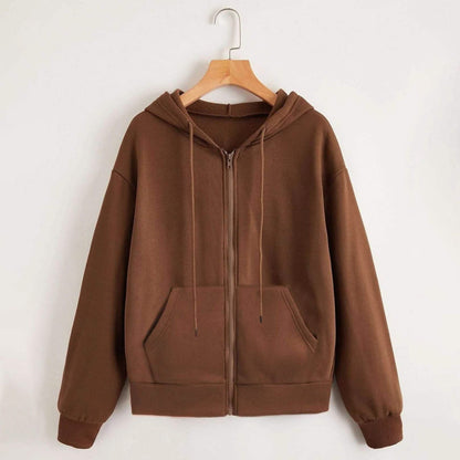 Zip Up Drop Shoulder Drawstring Hoodie